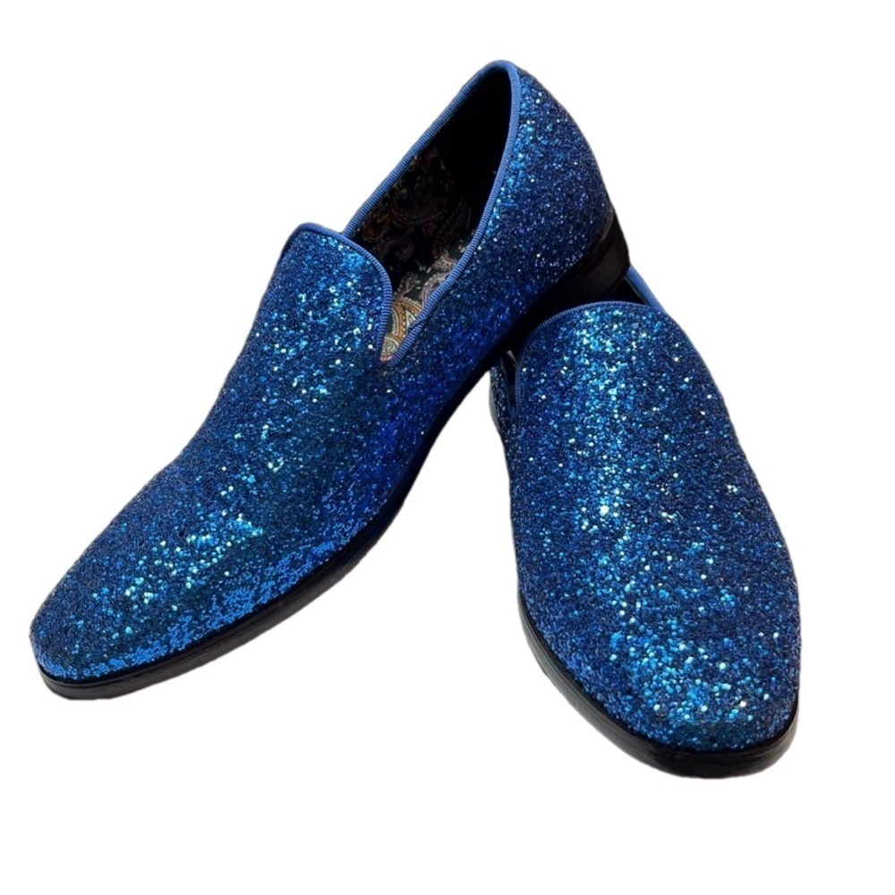 Enzo Romeo Men's Blue Glitter Slip On Tuxedo Dress Loafers Shoes